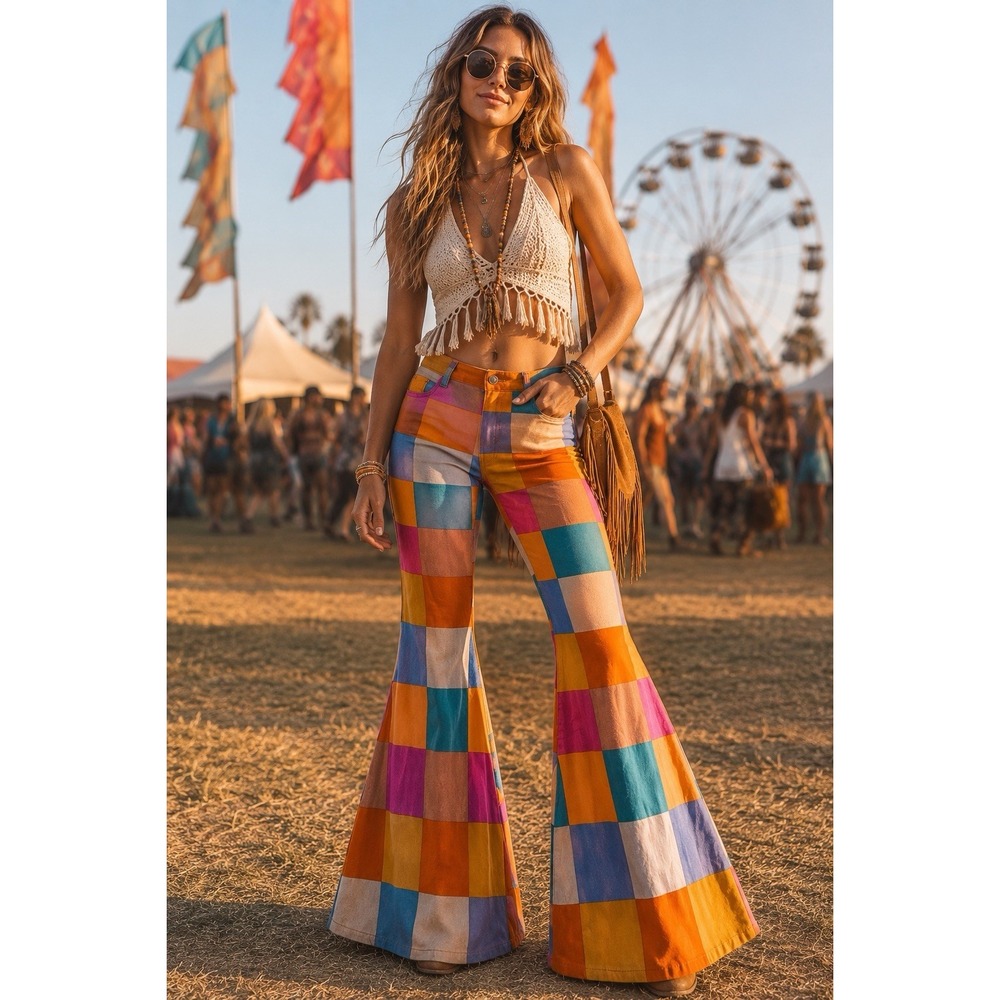 Peach Love Patchwork Bell Bottom Pants S Multi Color Flare 70s Inspired Boho - Picture 2 of 10